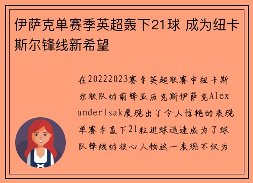 伊萨克单赛季英超轰下21球 成为纽卡斯尔锋线新希望